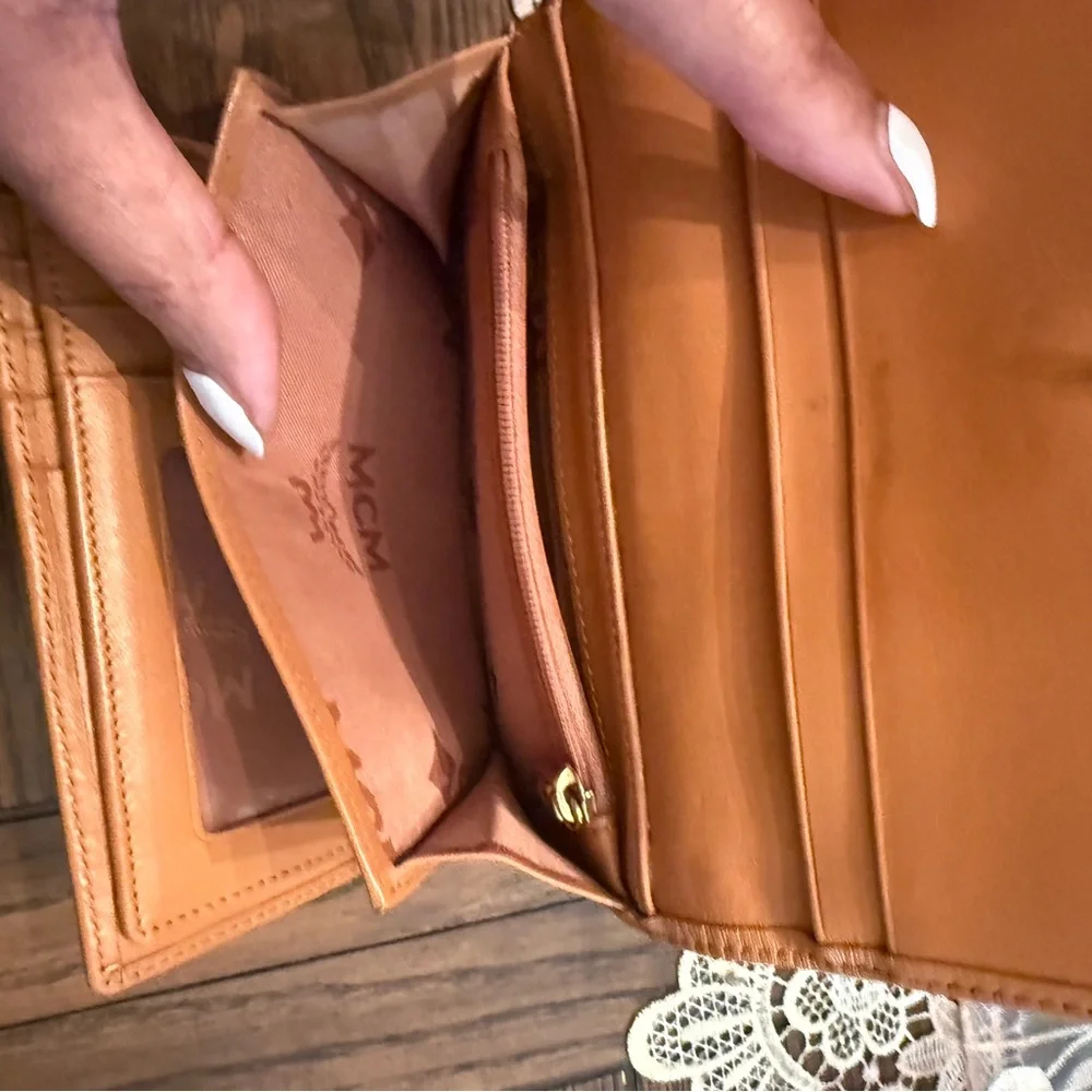 MCM Cognac Leather Wallet with Olive and Black Center Stripe - Picture 10 of 14